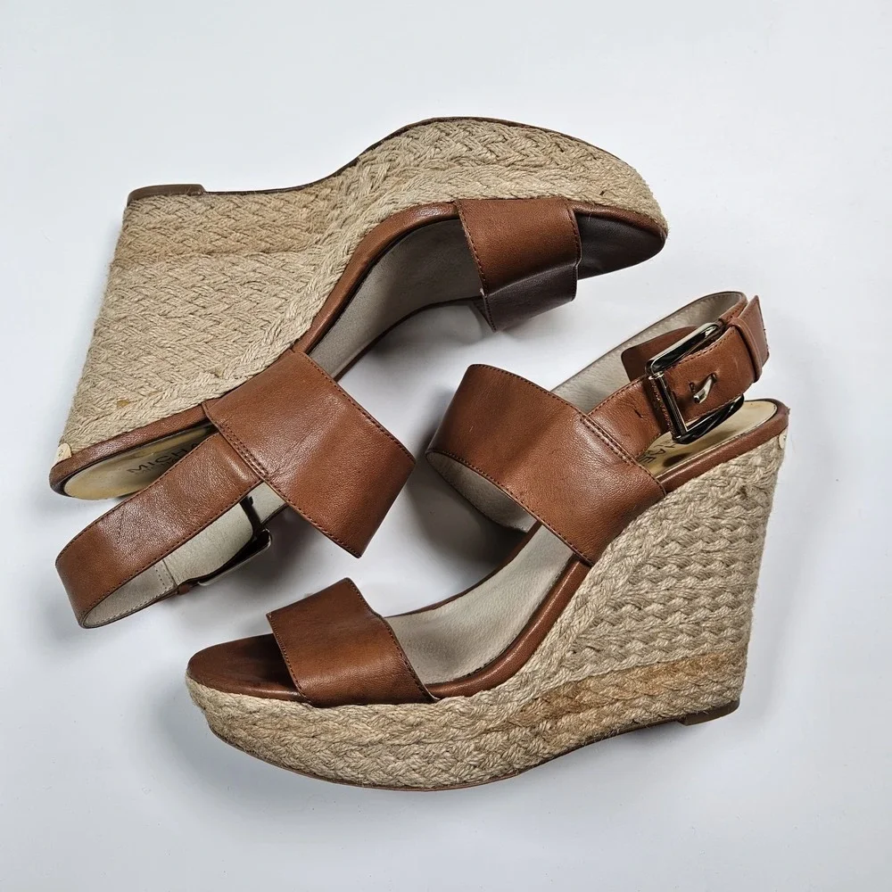 Michael Kors Women's Brown Leather Wedge Sandals Size 9.5 Ankle Strap Buckle